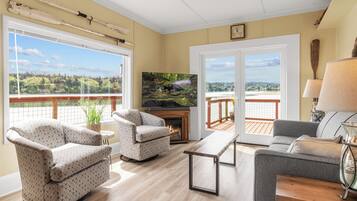 Smart-tv, eldstad och böcker