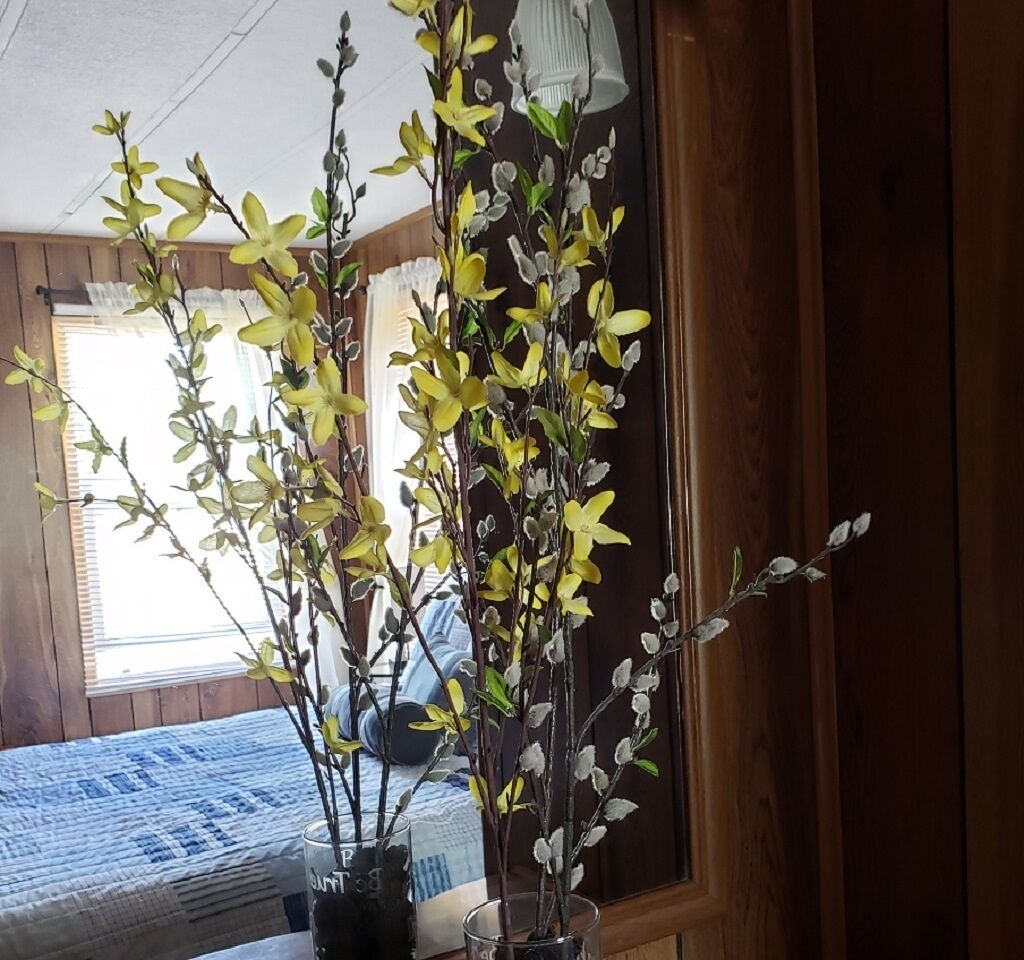 A room with a bed, a window, and a vase with branches and leaves.