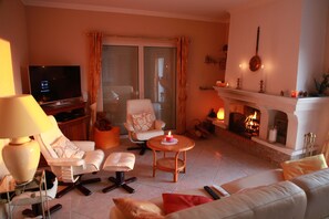 TV connectée, cheminée, lecteur de DVD, chaîne hi-fi