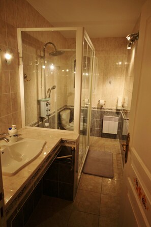Ensemble baignoire-douche, séchoir à cheveux, serviettes fournies, savon