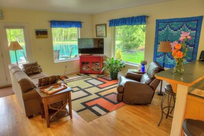 Smart-TV, peis, DVD-spiller og bøker