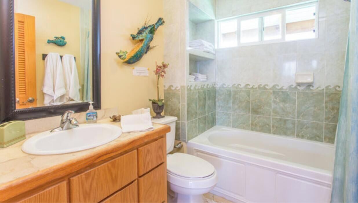 Un baño con tocador de madera, un espejo grande, inodoro y bañera.