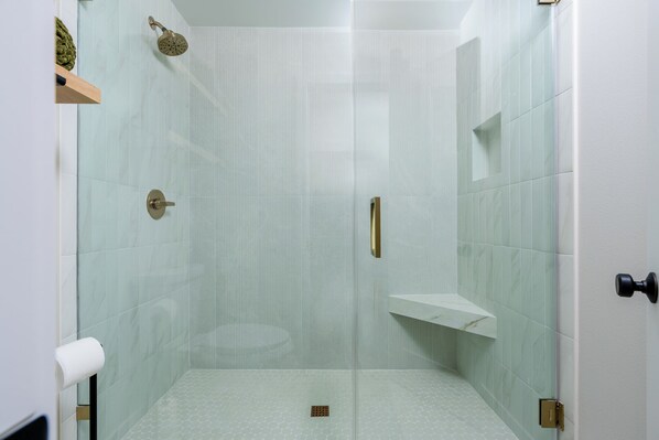 A walk-in shower with glass doors, a handheld showerhead, a towel rack, and a toilet paper holder. - Beautiful Solana Beach, Del Mar Beach Club Condo close beach! (Solana Beach)