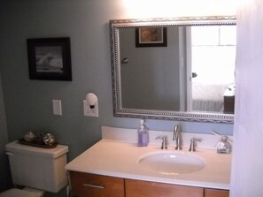 Combined shower/tub, hair dryer, towels, soap
