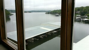 A view of a river with a dock and buildings across it.
