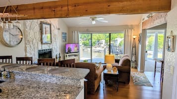 TV, fireplace, DVD player, books