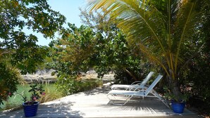 A wooden deck with two white lounge chairs and a palm tree.