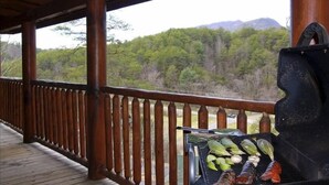 Un espace extérieur abrité, doté d’un barbecue et offrant une vue sur une chaîne de montagnes boisée.