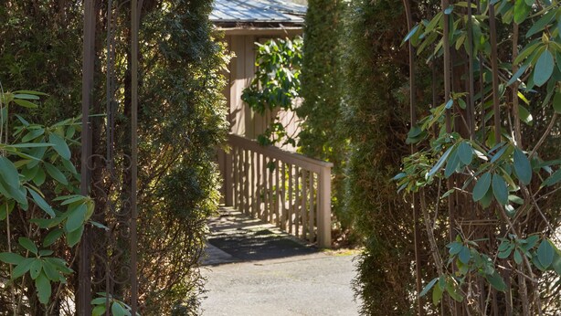 A pathway leading through an arched metal gate surrounded by dense foliage. - Hot tub, Propane fire pit, Interact with animals, Privacy, 10 miles from AVL. (Fairview)