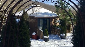 A snow-covered pathway leading to a wooden building with a snow-covered roof, surrounded by trees and potted plants. - Hot tub, Propane fire pit, Interact with animals, Privacy, 10 miles from AVL. (Fairview)