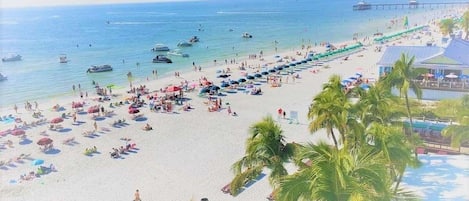 On the beach, sun-loungers, beach towels