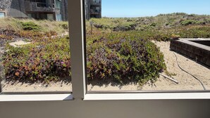 A view through a window of a building with a sandy beach and vegetation in the foreground, and a modern building with balconies in the background. - Pajaro Dunes Vacation Home on Epic Private Beach for family or Romantic Getaway (Watsonville)