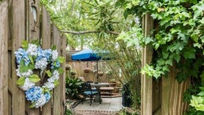 Un étroit sentier de jardin, bordé d’une clôture en bois d’un côté et d’un parasol bleu de l’autre.