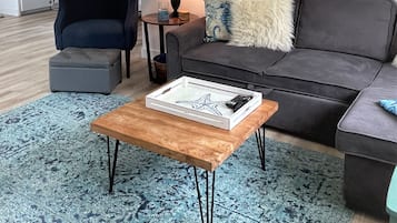 Smart TV, fireplace, DVD player, books