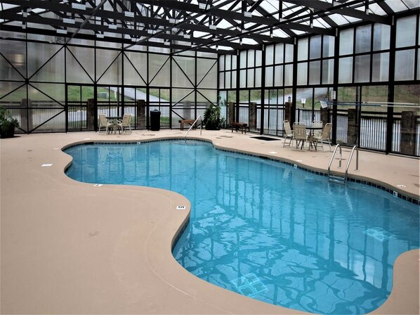 An indoor swimming pool with a curved design, surrounded by a covered area with chairs and tables.