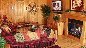 Ein gemütliches Zimmer mit Holzboden, einem Bett mit Steppdecke, einem Fernseher, einem Kamin und einer Tür.