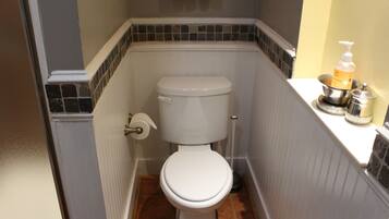 A small bathroom with a white toilet, a toilet paper holder, and a soap dispenser on the counter.