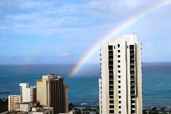 Everyday is paradise! View of a morning rainbow from the condo's lanai