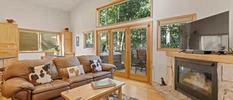 Älytelevisio, takka, DVD-soitin, työhuone