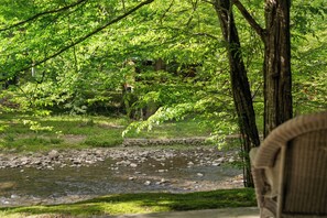 A river with rocks, surrounded by lush greenery and trees. - STUNNING CABIN, TROUT STREAM, HUGE GAMEROOM, HOT TUB,FIRE PIT,TUBING,& MEMORIES! (Cosby)