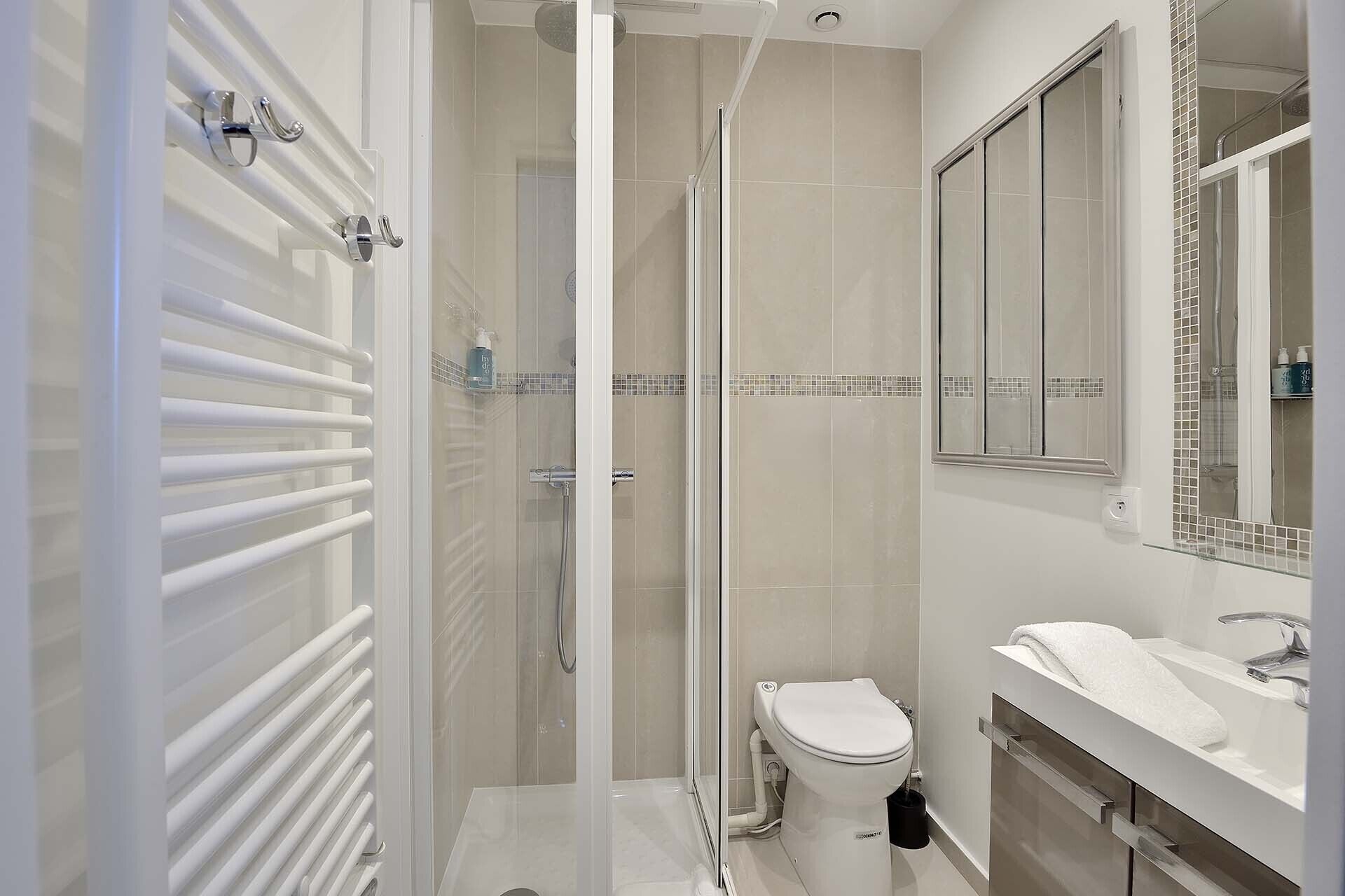 Un baño moderno con ducha envuelta en vidrio, inodoro y lavabo con espejo superior.