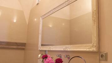 Combined shower/tub, hair dryer, towels, shampoo