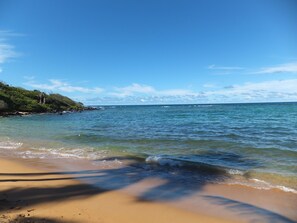On the beach, sun loungers, beach towels