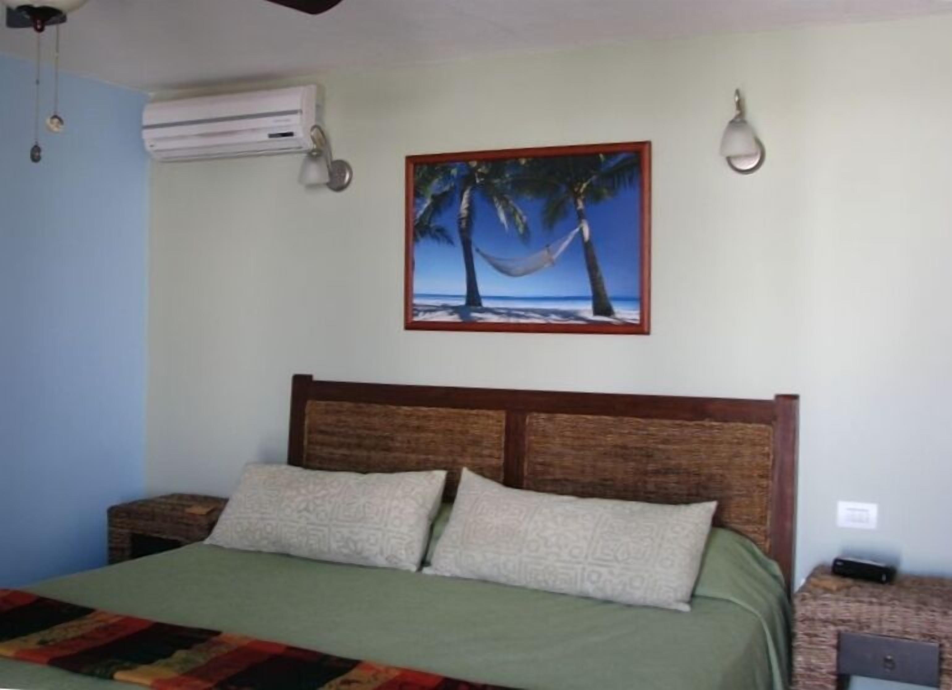 Une chambre à coucher avec un lit, deux oreillers, une table de chevet, un climatiseur et un tableau représentant des palmiers.