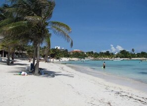 A beach with palm trees, clear blue water, and a few people.