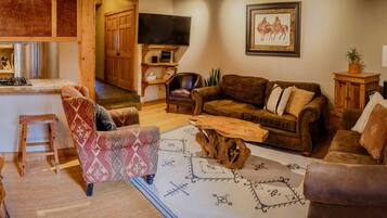 TV connectée, cheminée, lecteur de DVD, livres