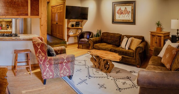 Smart TV, fireplace, DVD player, books