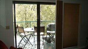 A room with a sliding glass door leading to an outdoor patio area. - Center of Town-The Greens at Thousand Hills-2 Comfy Kings-Netflix-PS4-Updated (Branson)
