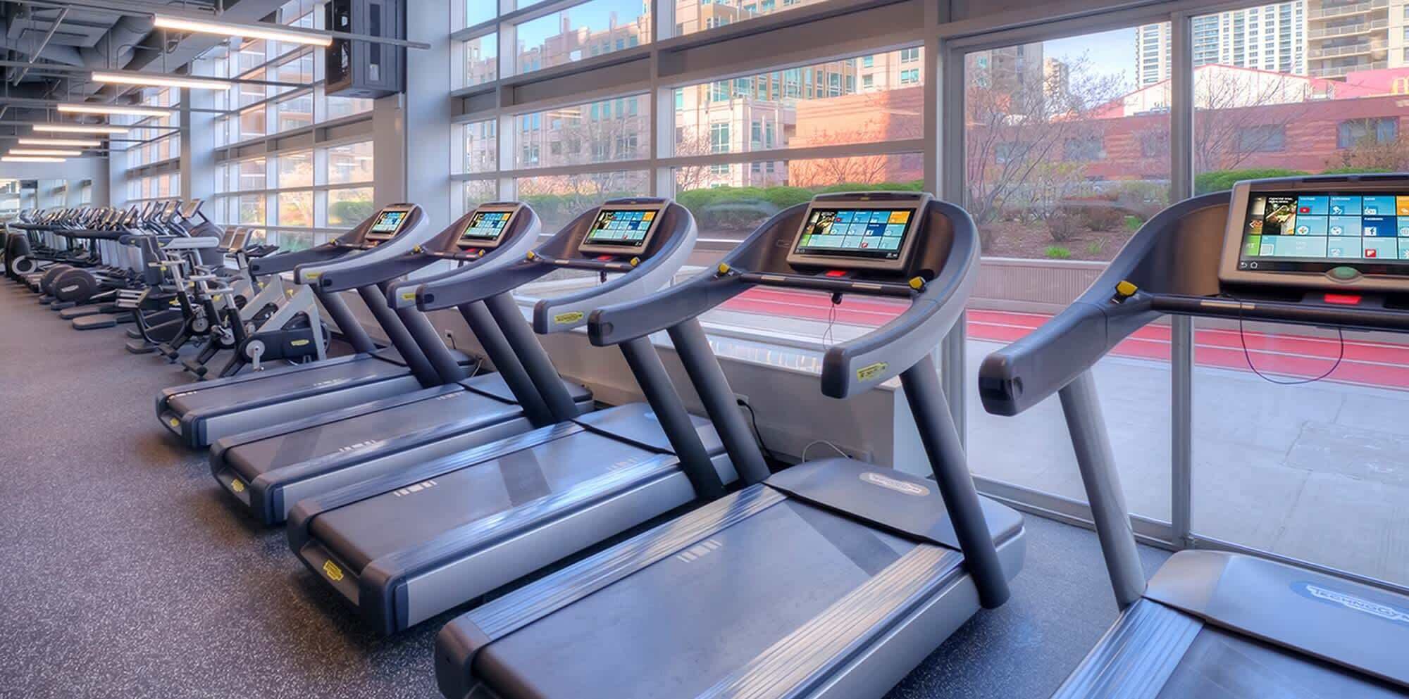 Varias cintas de correr con pantallas digitales, ventanas amplias y vistas a edificios.