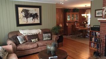 Smart TV, fireplace, DVD player, books