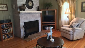 Smart TV, fireplace, DVD player, books