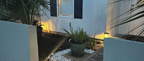 A modern house with a white exterior, a wooden deck, and a potted plant in the foreground.