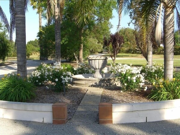Stroll through the serene garden, surrounded by lush greenery and a central fountain.