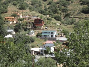 A hillside residential area with various houses, including a prominent red-roofed house with a balcony and a blue-roofed house with a large window. - Large 4 bed, 2 bath luxury home, views, patios for up to 8 guests (Bisbee)