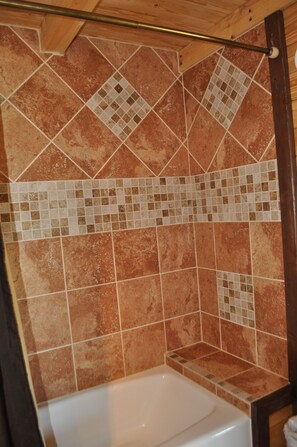 Combined shower/tub, hair dryer, towels, soap