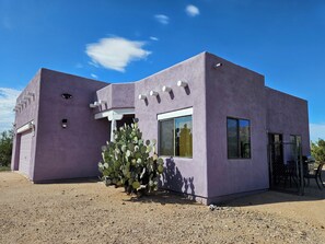 Edifici modern amb façana morada, garatge i un cactus al davant.