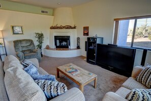 Smart TV, fireplace, DVD player, books