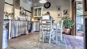 A kitchen with a wooden ceiling, a dining area with white chairs, and a large potted plant.