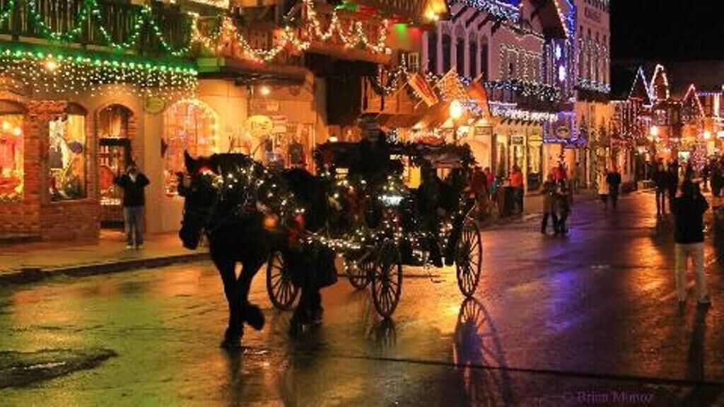 A horse-drawn carriage in a festive setting with illuminated buildings and a wet street.