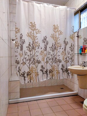 Shower, free toiletries, hair dryer, slippers