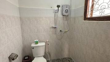 Een kleine badkamer met toilet, douche en wastafel.