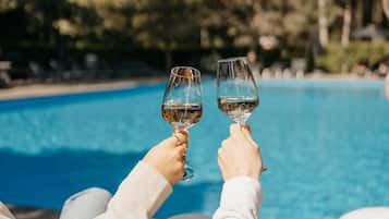 Dos personas brindando con copas de vino junto a una piscina.