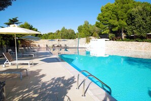 Outdoor pool, pool umbrellas, pool loungers
