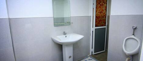 A bathroom with a white sink, a glass mirror, a urinal, and a shower door.