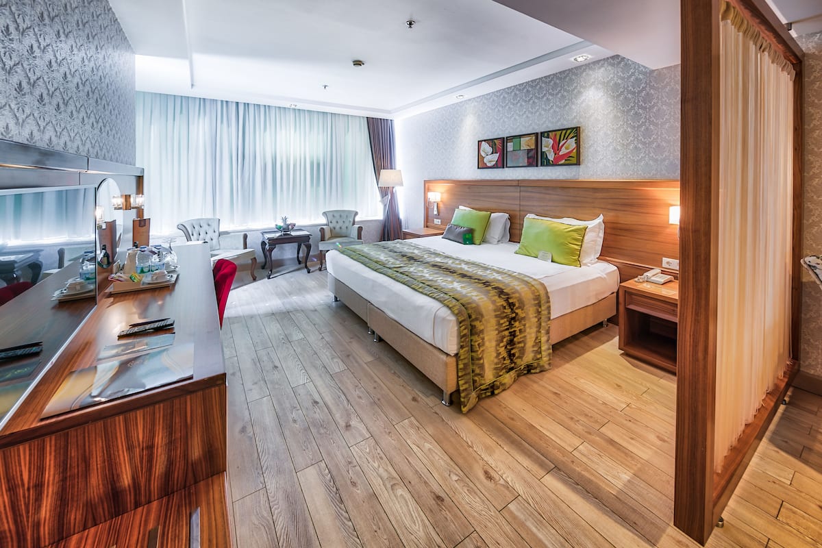 Habitación de hotel con una cama grande, un escritorio con espejo, una silla, un televisor y piso de madera.