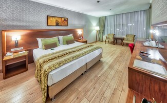 Habitación de hotel con una cama grande, cabecera de madera, mesitas de noche con lámparas, un escritorio con espejo y una silla.